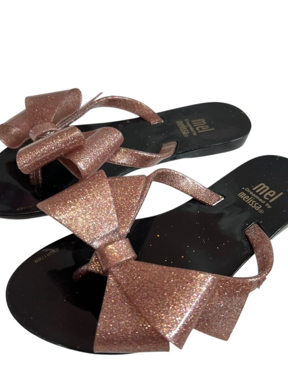 Melissa Sandals Harmonic Bow III Thong black glittery pink bow kids size 13